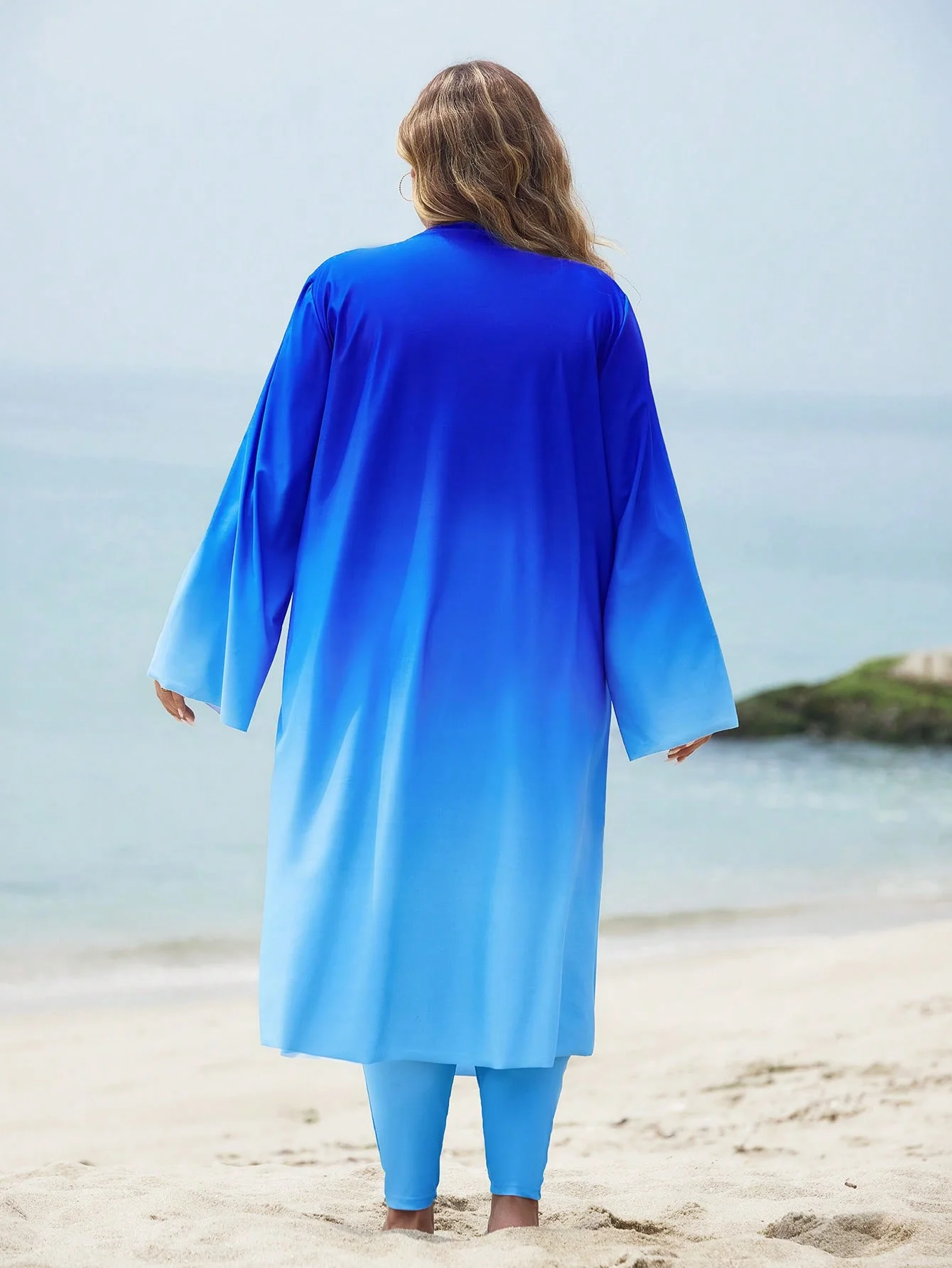 L-4XL Modest swimwear Loose All-Covered Swimsuit Set for Curvy Women Gradient Blue long sleeved Robe and Two-piece swimwear