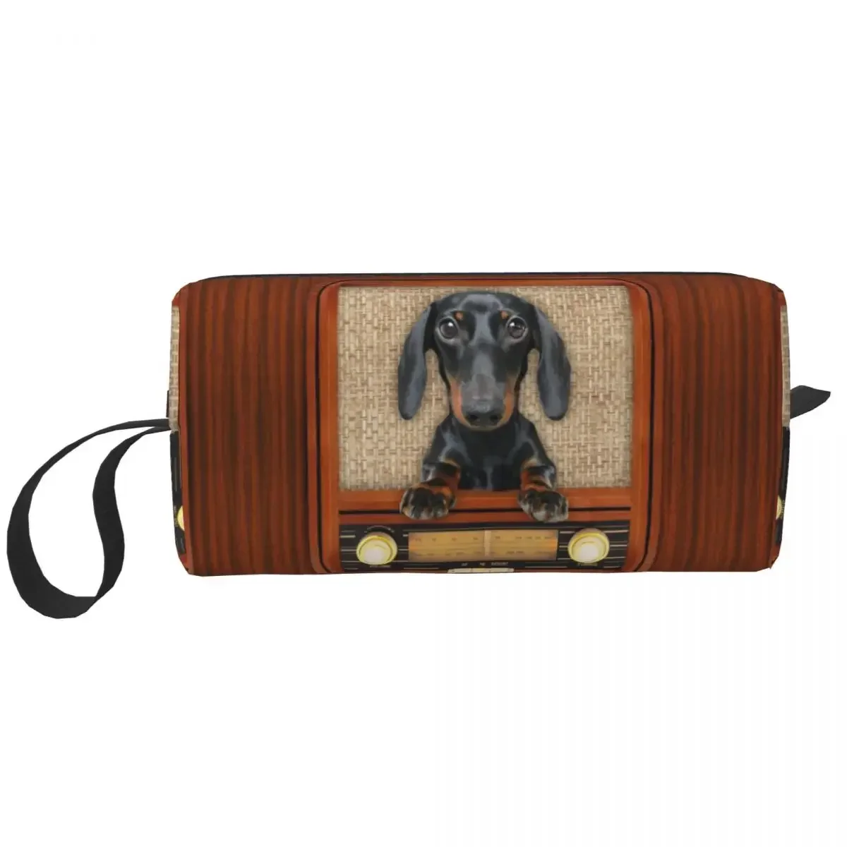 Custom Dachshund Dog On Radio Toiletry Bag Badger Wiener Sausage Makeup Cosmetic Organizer Ladies Beauty Storage Dopp Kit Box