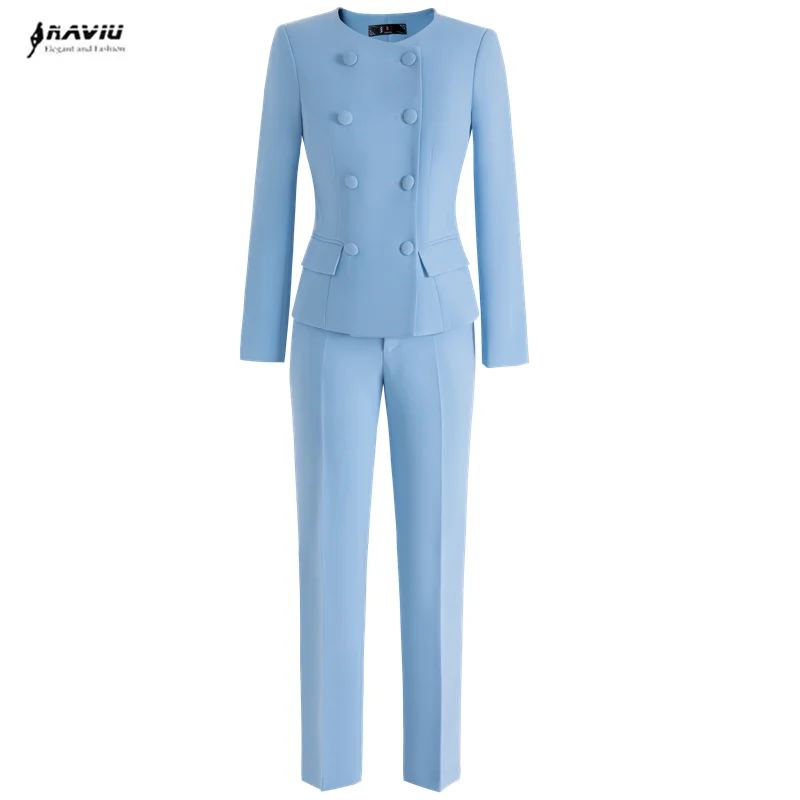 Naviu High Quality Fabric Elegant Styles Formal Business Suits With Blazer Coat and Pants Women Career Interview Outfits Skyblue