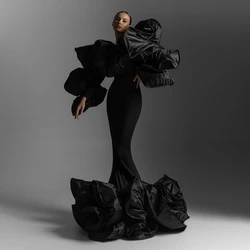 Fashion Black Mermaid Evening Dresses with Big Wave Unique Design Puffy Long Sleeves Women Formal Gown Photoshoot Dress Custom