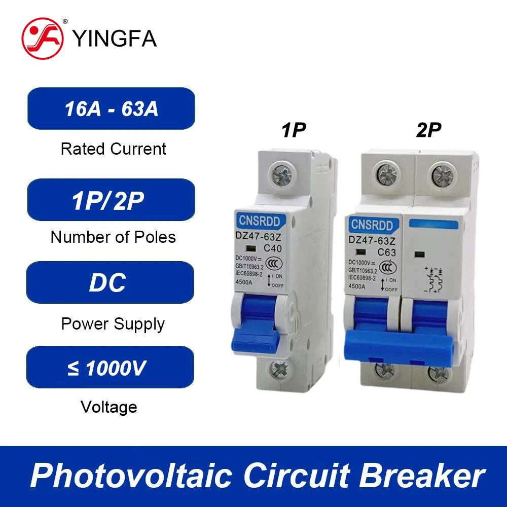 1P / 2P DC 1000V Photovoltaic Solar Circuit Breaker / Overload Protection Switch For 4.2kw - 10.2kW PV Solar System / 6A - 63A
