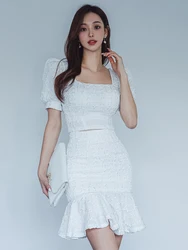New Korean Summer Sexy 2 Piece Outfits Women Retro Puff Sleeve Short Cropped Tops Shirt Blouse High Waist Mini Skirt Mujer Set