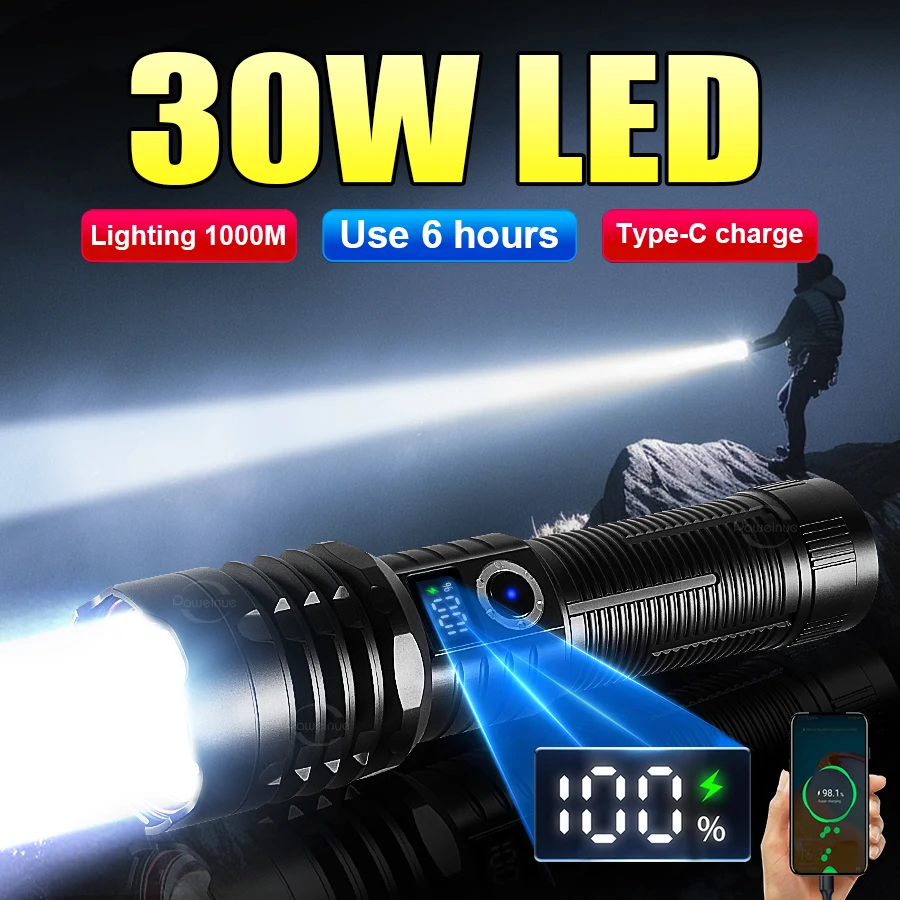 

Super Powerful Flashlights 3000W LED Telescopic Zoom Long Range 5000m High Power Flashlight Tactical Self Defense Hunting Torch
