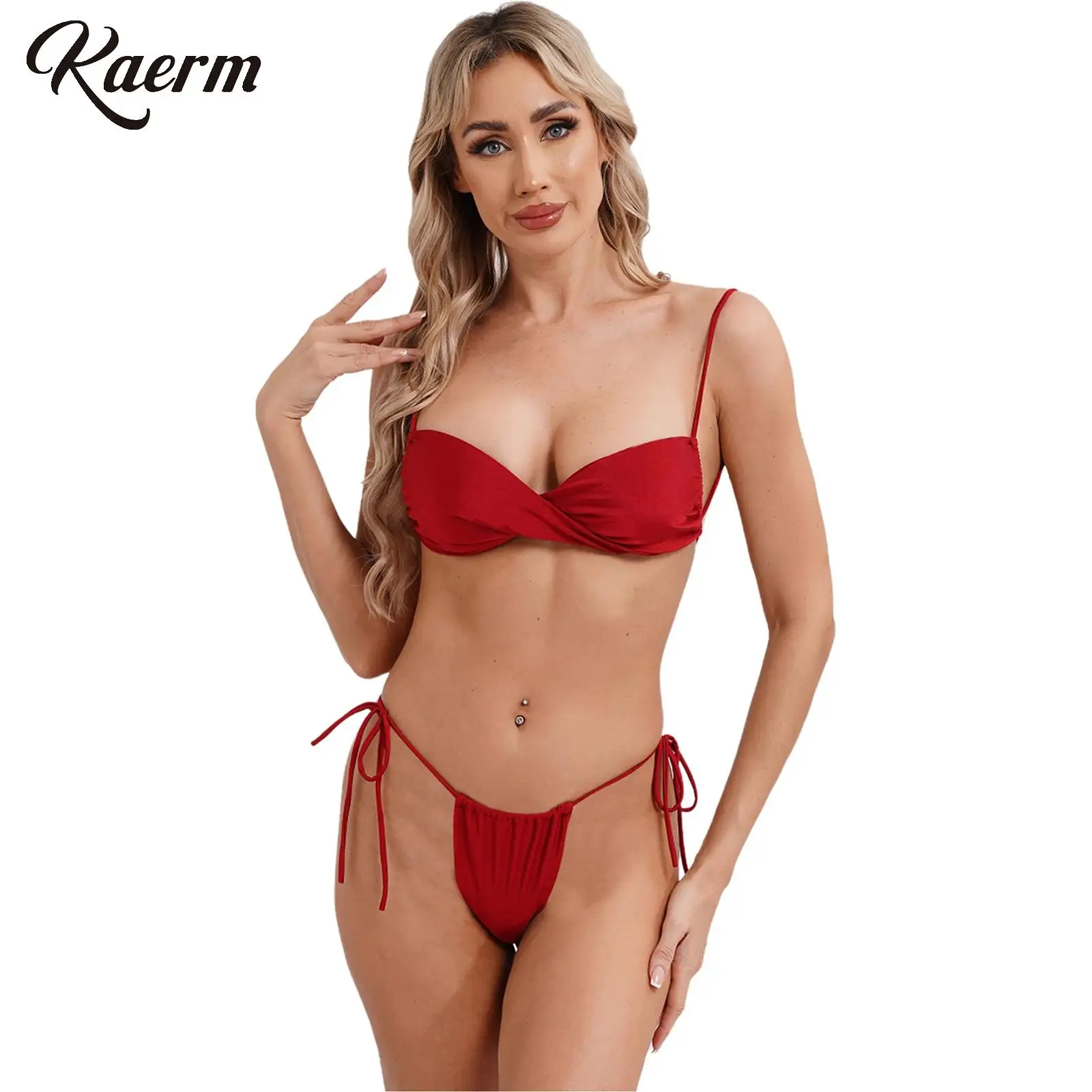 

Women Sexy Bikini Sets Swimsuit Pad Free Swimwear Bra with High Cut Thong Tying 2-piece Bathing Suit for 2024 Trend Beachwear