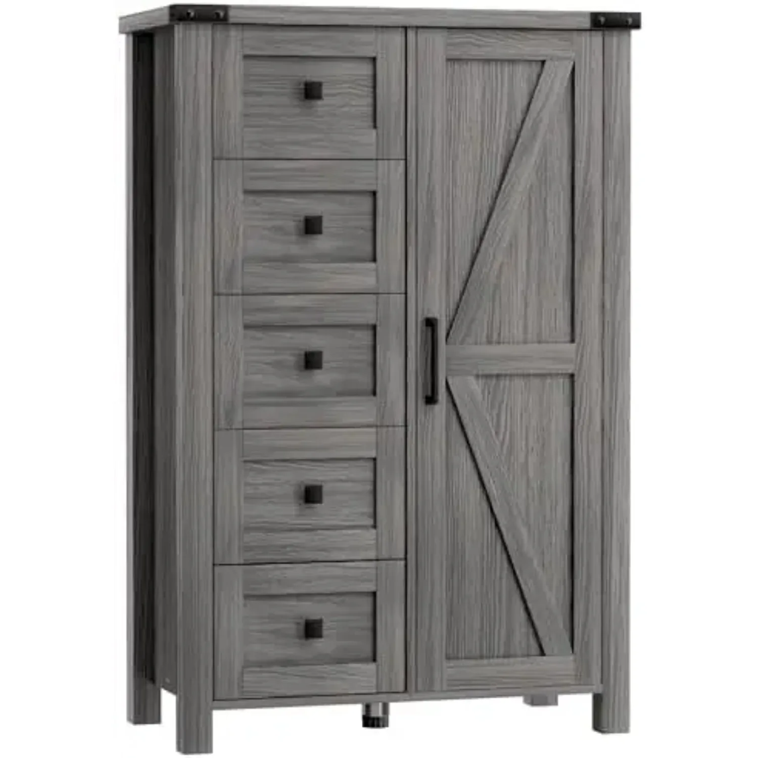 Farmhouse Dresser Storage Cabinet Chest of Drawer for Bedroom, 5 Drawer Dresser with Barn Door, 48 Inch Tall Grey Wood