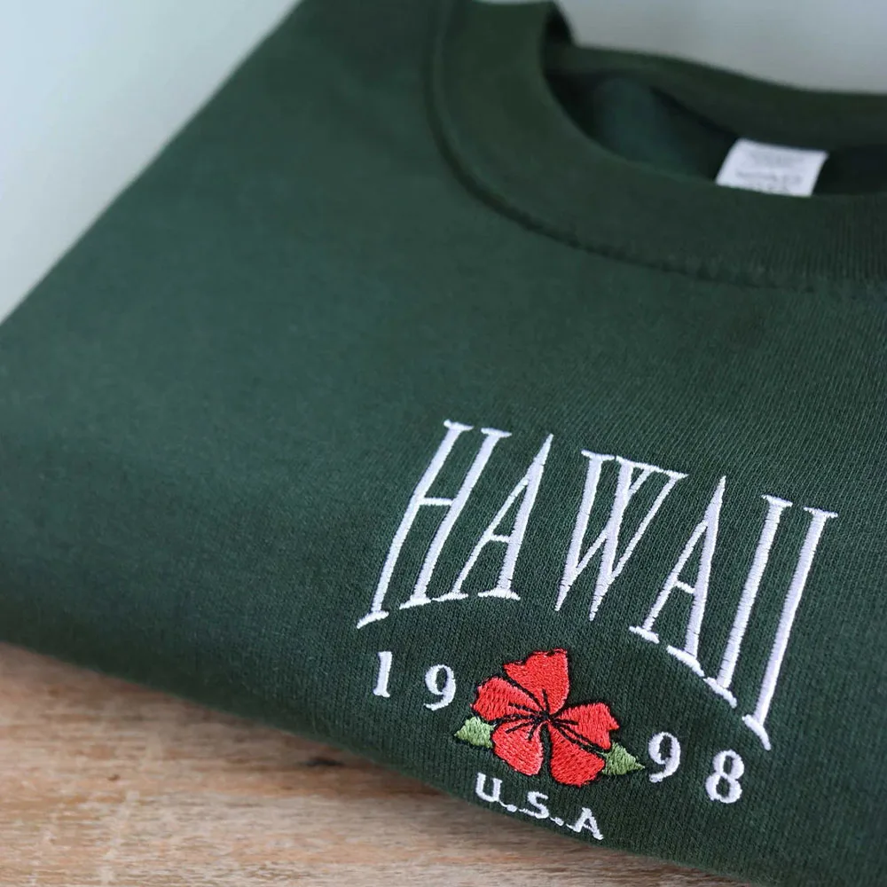 Hawaii 1998 USA Flower Embroidered Vintage Style Sweatshirts Female Long Sleeve Thick Crewnecek Pullovers Loose Cotton Jumpers