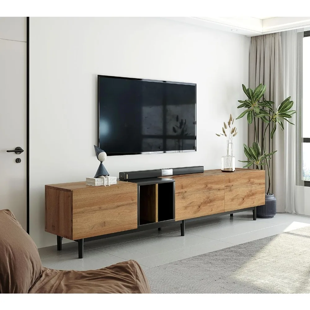 Modern TV Stand with 3 Cabinets & Open Shelves, Minimalist Wooden Entertainment Center for TVs Up to 80”, Sturdy TV Console