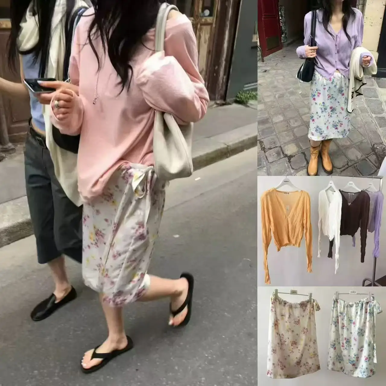 

Floral Print Knitted Half Skirt with Side Tie Breathe Cardigan Style Long Sleeve Top And Midi Skirt Two Piece Set for Women