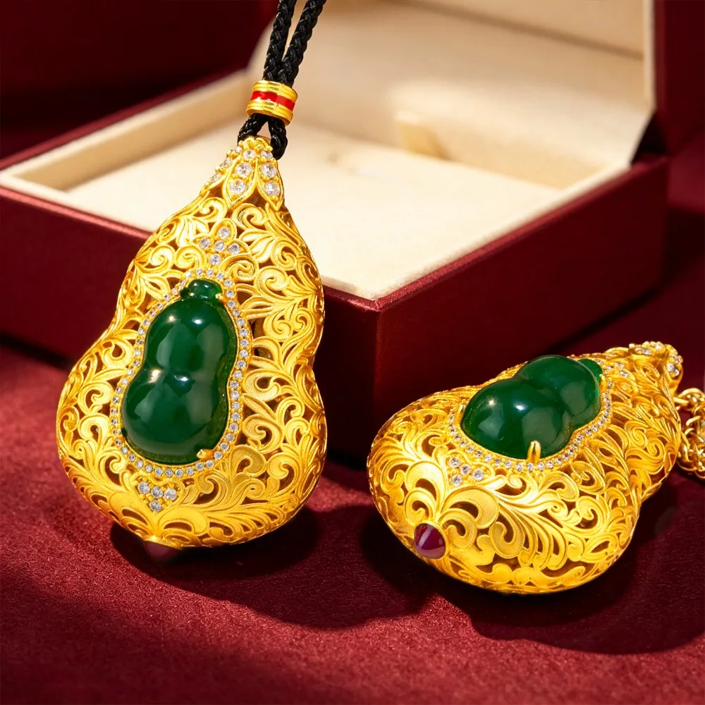 Guofeng curly grass grain hollow point diamond gourd necklace fashion Fu Lu 9999gold