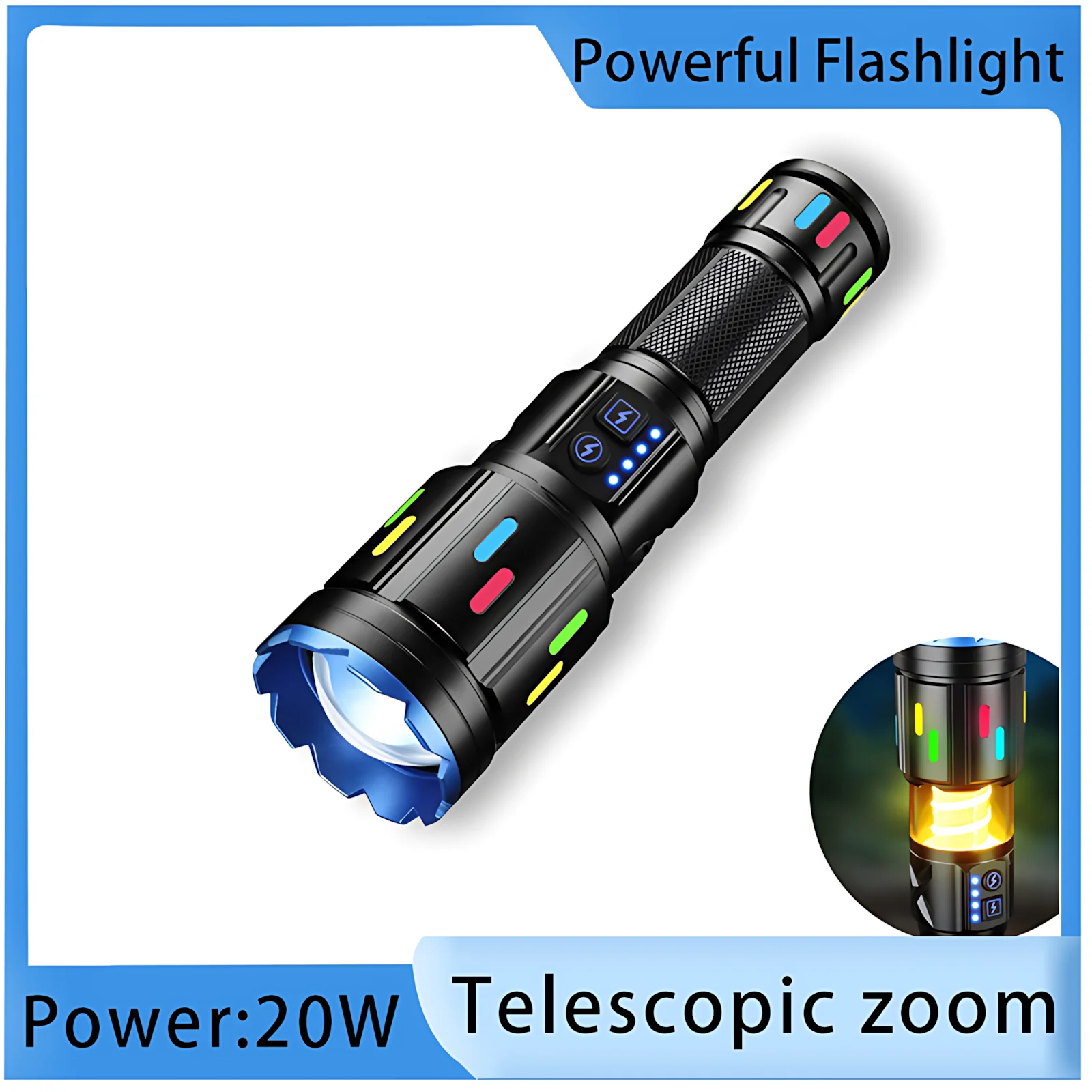 Super Bright 20W Flashlight 5000mAh Long Lasting, Zoomable COB Camping Lamp with Strobe SOS, Compact Aluminum Flashlight for Outdoor Emergency