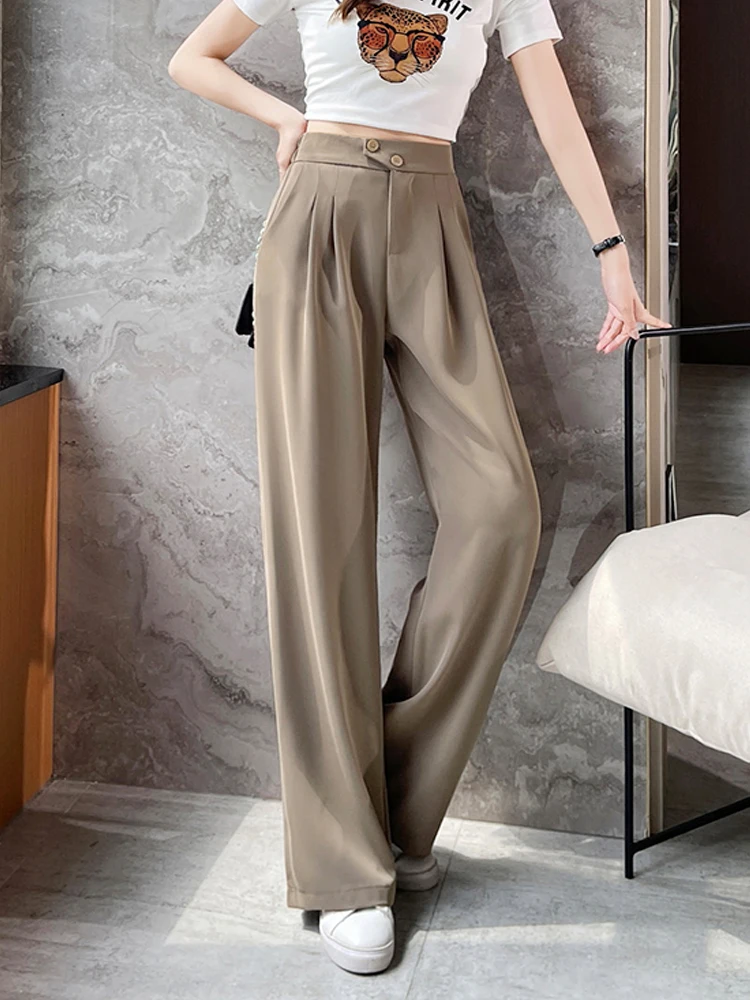 2023 Summer Woman Career Pant Office Straight Wide Leg Pants Ladies Buttons Casual Full Length Trousers Female 4 Purple S-4XL