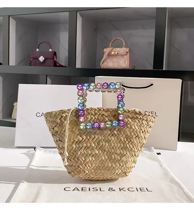 Summer Straw Woven Handmade Handbag Women Bucket Bag Crystal Shiny Rhinestone Diamond Tote Bag Female Holiday Vacation Beach Bag