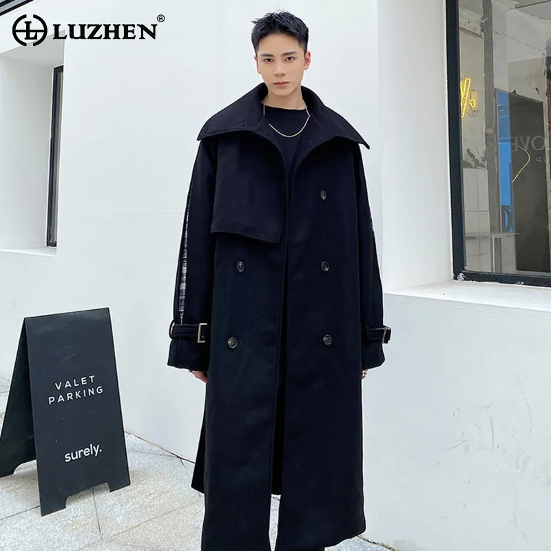 LUZHEN 2026 New Trendy Checked Belt Decorate Patchwork Fake Two Piece Design Woolen Trench Coat Men's Fashion Windbreaker JY9414