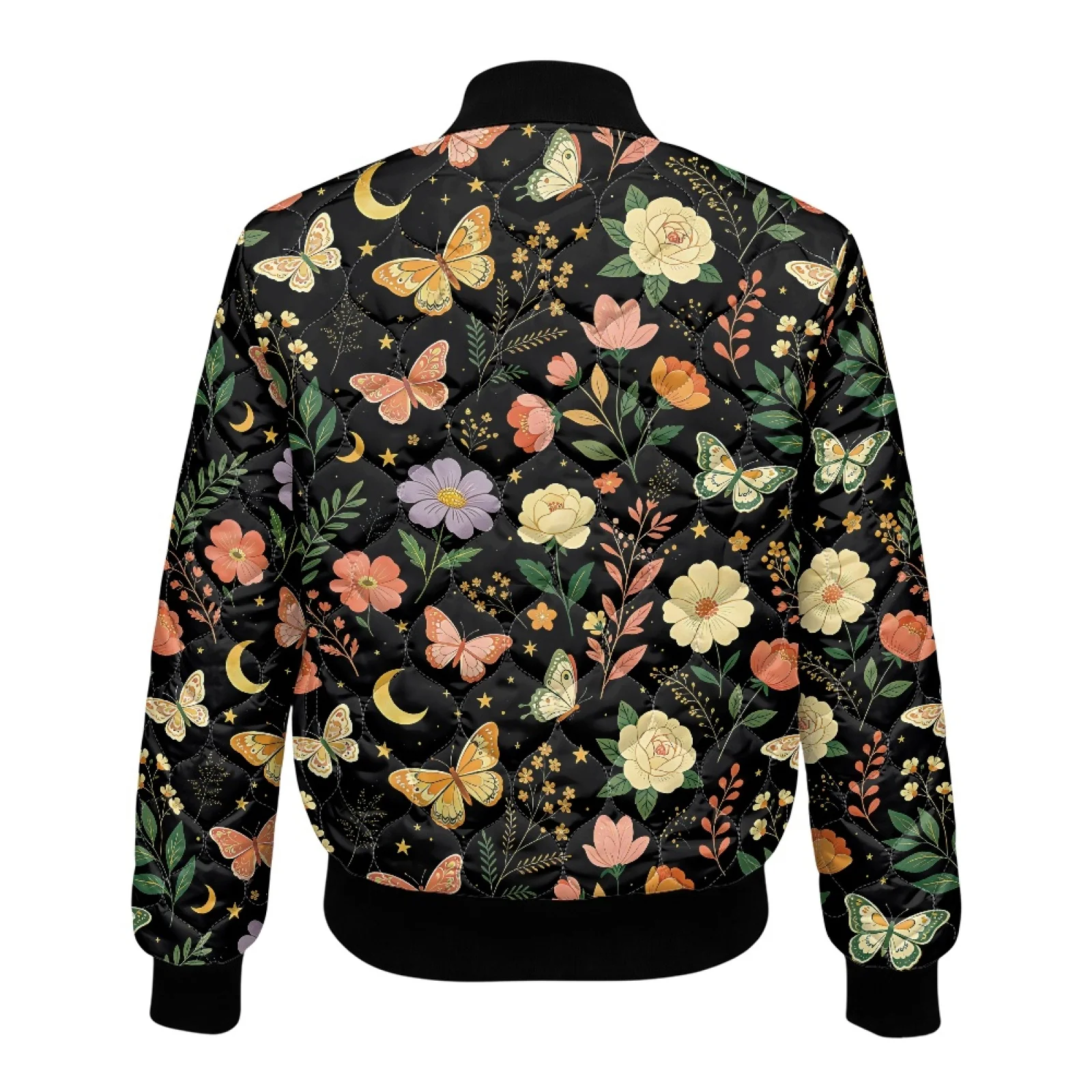 PENSTROLL Butterfly Floral Womens Light Puffer Bomber Jacket with Rib Collar Versatile Outerwear Coat for Daily Wear