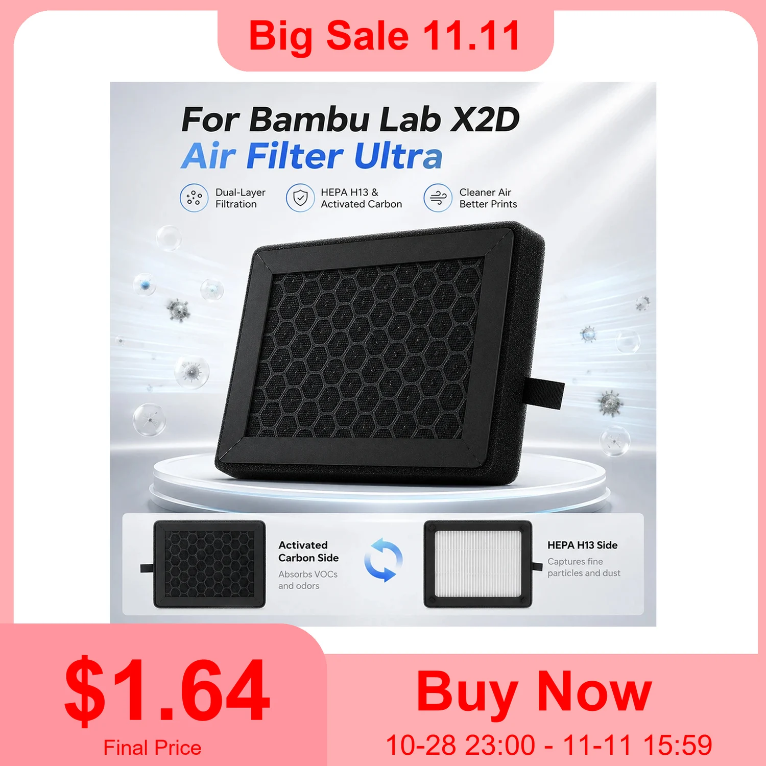 For Bambu Lab X2D Air Filter Ultra HEPA H13 Activated Carbon Cleaner Air Better Prints For  X2D 3D Printer Parts
