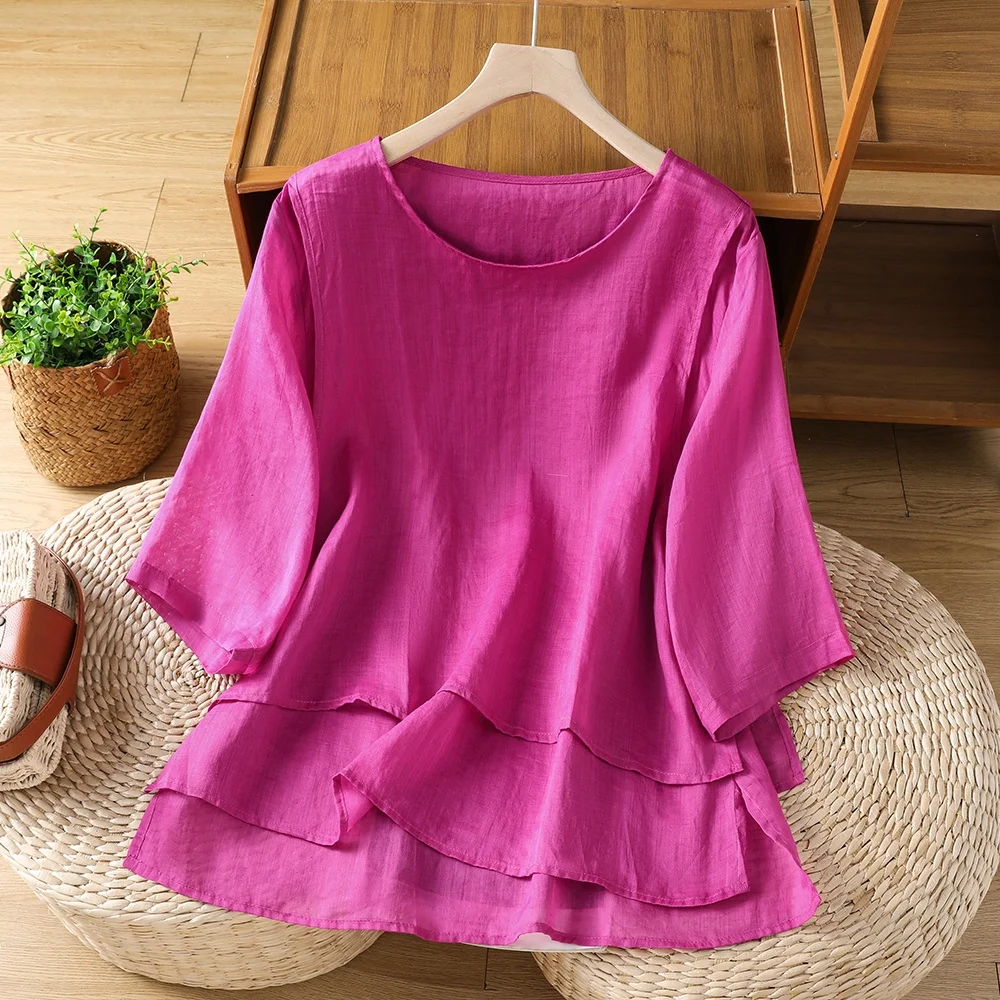 Retro Fake Two-Piece Shirt Side Button Midi Sleeve round Neck Double Layer Hem Top Summer Thin Cotton Polyester Blend T-Shirt