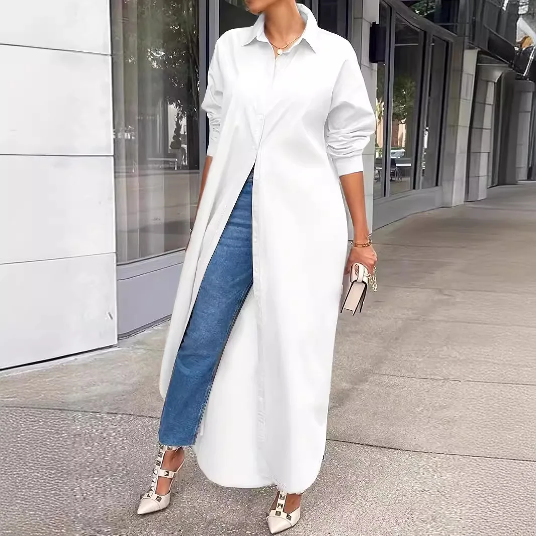 2025年女性用秋ロングドレス、女性向けトレンドカジュアルルーズ無地長袖ラペルボタンダウンシャツドレス、レディースストリートウェア