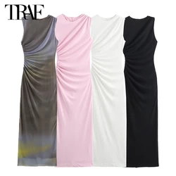 TRAF 2024 Ruched Maxi Dress Women Sleeveless Long Dress Woman Pleated Beach Women's Summer Dress Holiday Party Womens Dresses