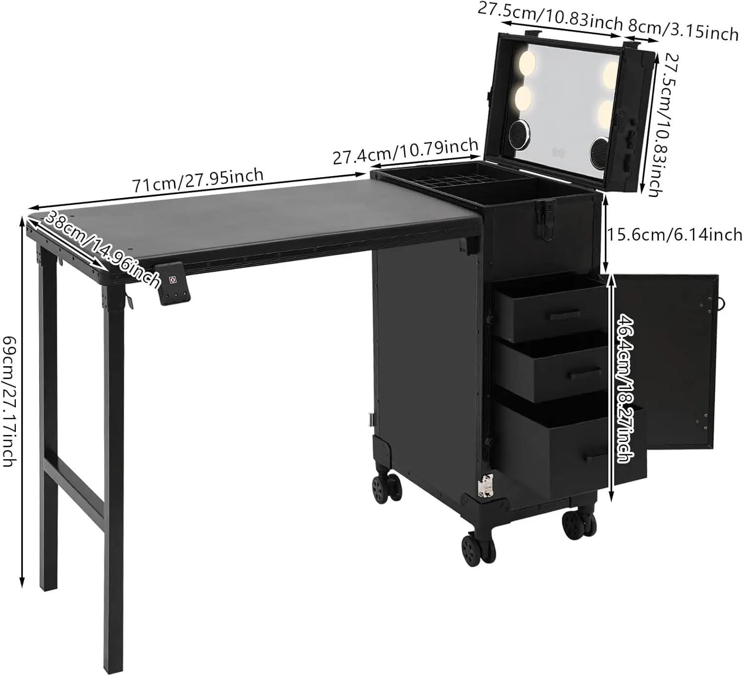 Adjustable Mirror, Professional Makeup Storage Organizer Box with Drawer, Handle, Key, Foldable Beauty Table