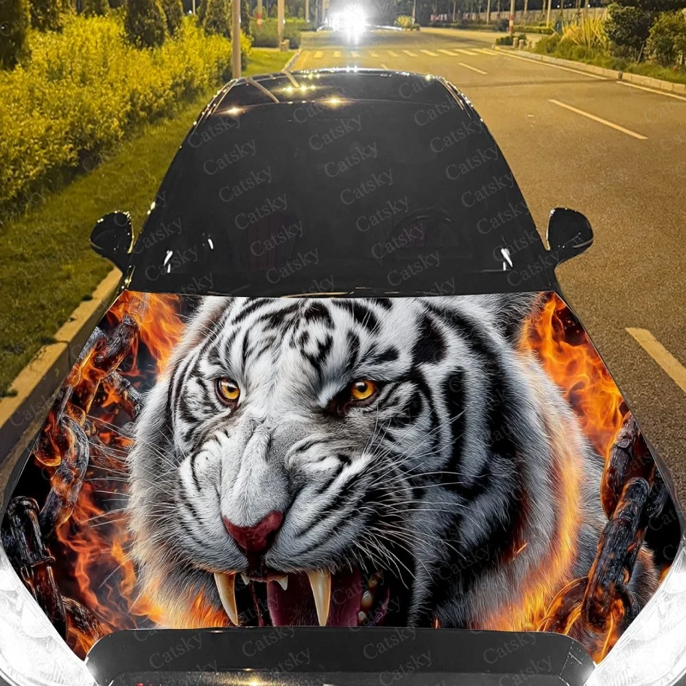 Fierce white tiger roaring amid flames, bold 3D hood wrap for cars, striking night road presence.Car hood sticker