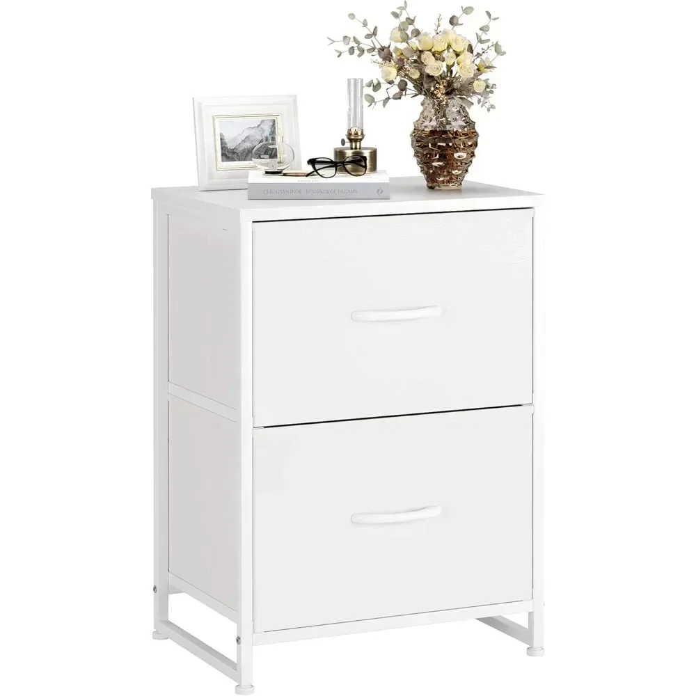 White Nightstand with Drawer for Bedroom, Small Dresser Bedside Table for Kids' Room, End Table with Wooden Top, Steel Frame