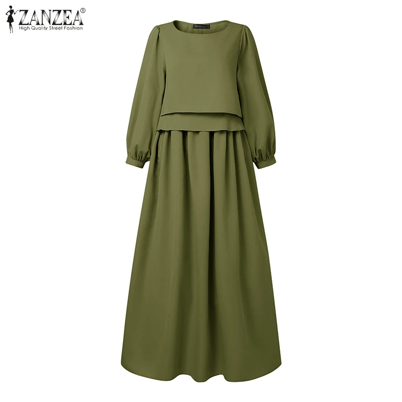 ZANZEA Women Casual Retro Maxi Dresses Boatneck Lantern Sleeve Solid Color Layered A-Line Long Dress Spring Baggy Robes Femme