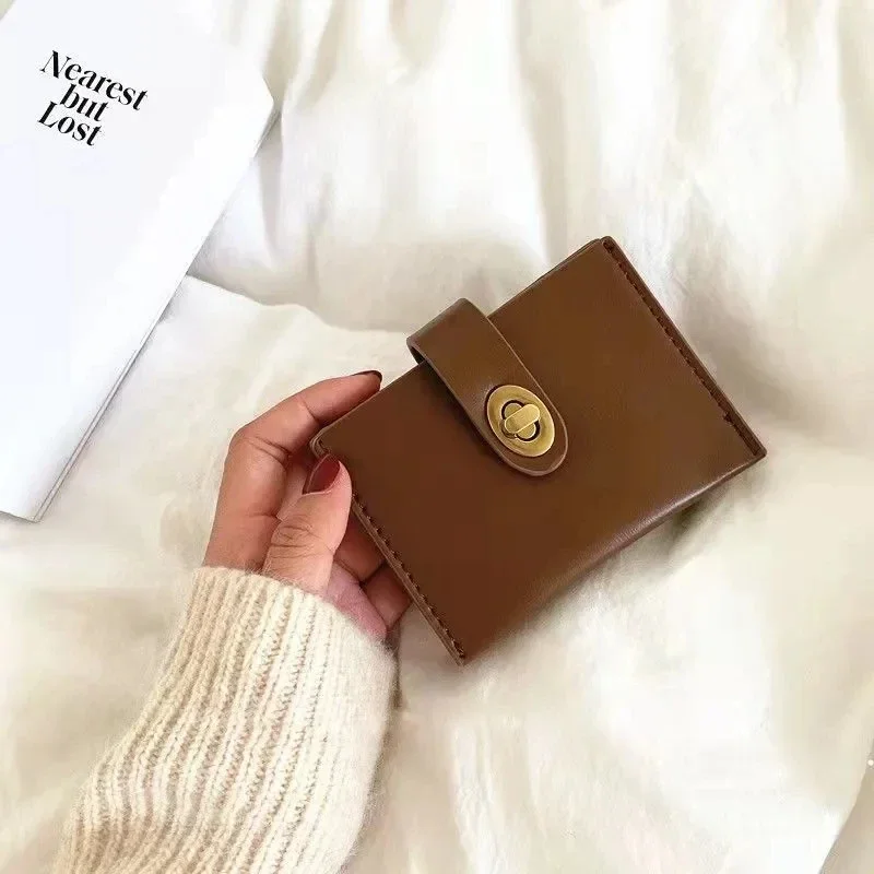 Chic Korea Solid Color Card Holder Vintage Casual Women Wallet PU Leather Female Purse Money Clip Wallet Ins Lady Coin Purse