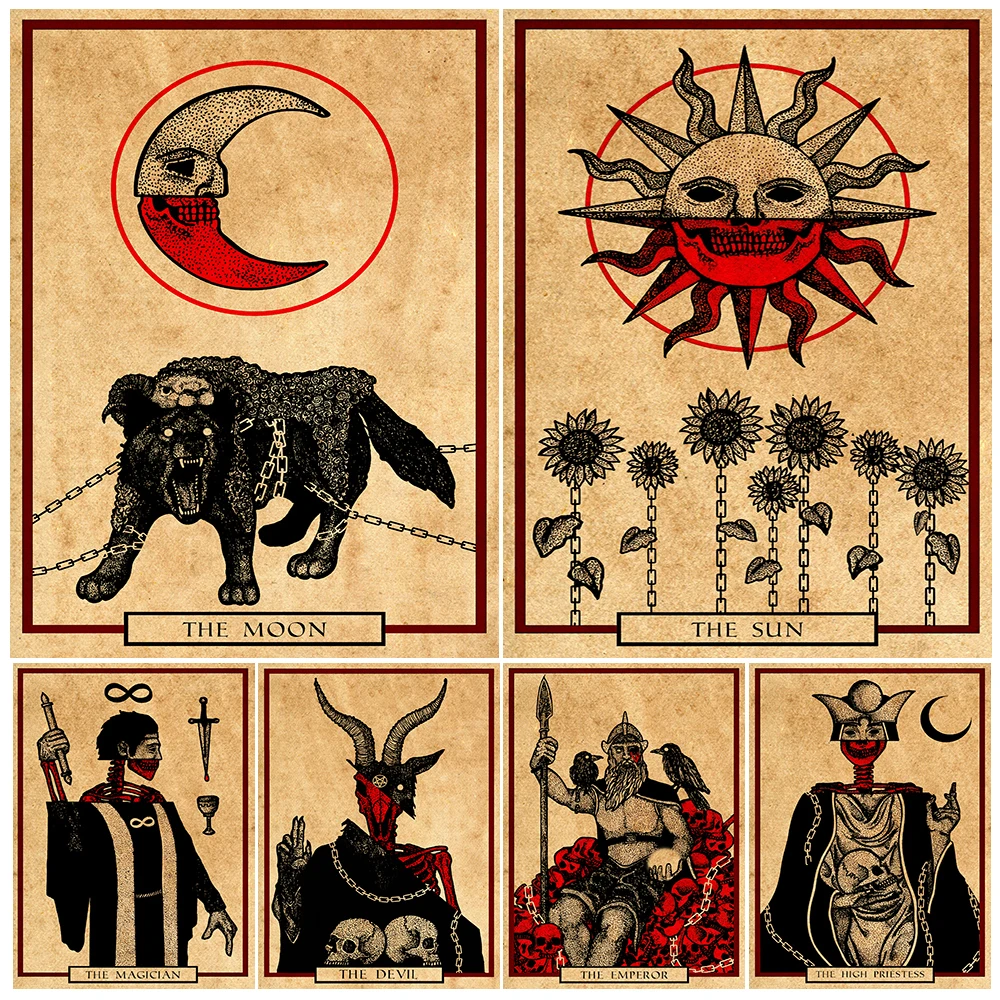 Tarjetas de Tarot de adivinación mágica, arte de pared Vintage, pintura en lienzo, tarjeta de diablo espeluznante, Póster Artístico e impresión, decoración del hogar sin marco