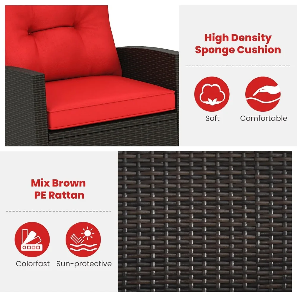 3 Pieces Patio Furniture Set, Outdoor Wicker Rocking Chairs with Soft Cushions, Glass Coffee Table, Rattan Conversation Bistro