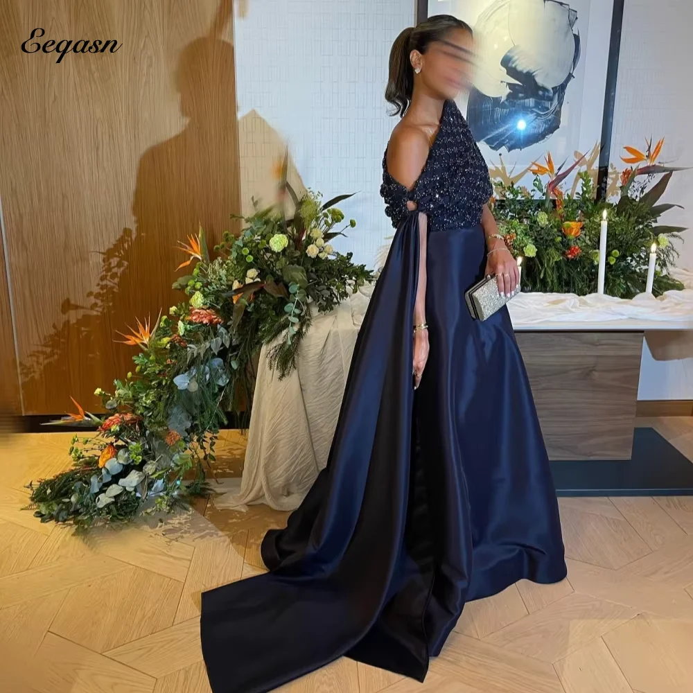 Luxury A-line Navy Blue Party Womens Dresses Satin Robe De Soiree Femmes Beaded Shawl Formal Dress Evening Woman Customized