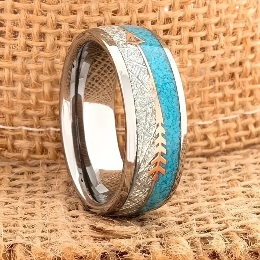 Fashion Men Silver Color Stainless Steel Arrow Rings Vintage Meteorites and Blue Turquoise Rings For Men Wedding Band Jewelry