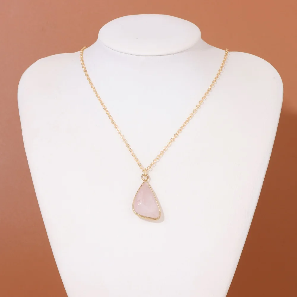 New Rose Quartzs Pendant Necklaces Rectangular Round Rose Quartzs Charm Necklace 18K Gold Color Plated Chain Necklace for Women