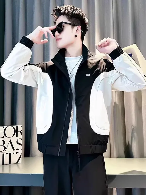 

Spring Autumn Men's Casual Stand Collar Patchwork Jaet Color Blo Design Faionable Versatile Polyester Long Sve Coat