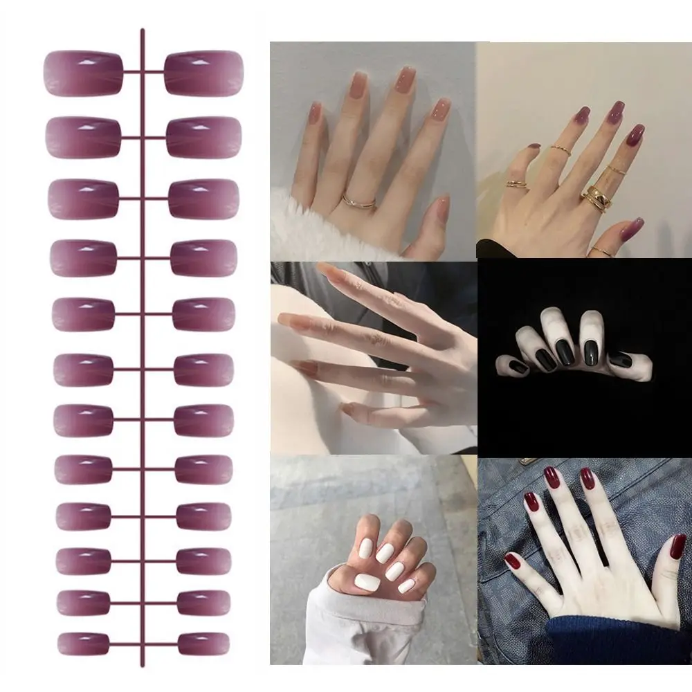 24Pcs Full Cover Solid Color Fake Nails Bright Detachable Press-on Nails Manicure Wearable Medium-long Square Head False Nails