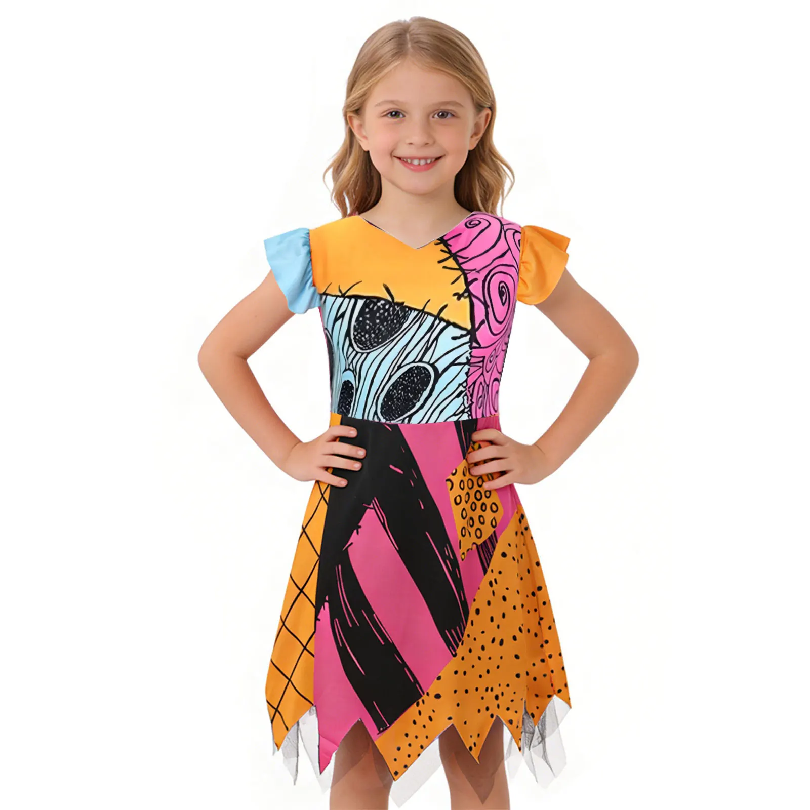 2026 All Saint's Day Girls Color Block Design Dress Flutter Sleeve Costume Kids Nightmare before Christmas Sally Cosplay Outfit