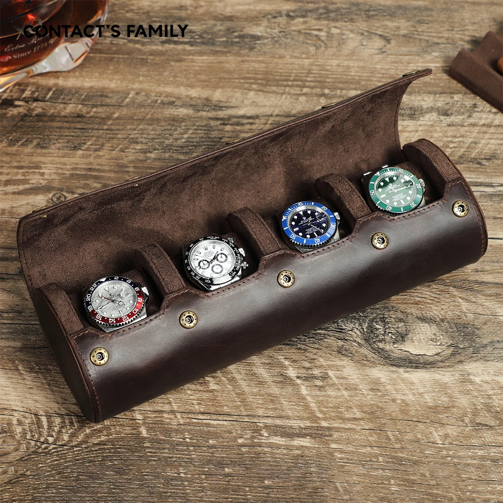 CONTACT’S FAMILY Watch Travel Case Box Organizer 4 Slots Nubuck Leather Watch Cases Multi-Functional Bracelet Display Roll