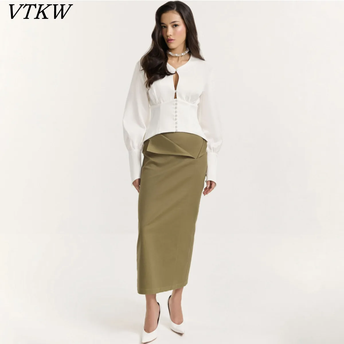

VTKW 2026 New Women Fashion Blouse V Neck Keyhole Front Button Down Corset Waist Puff Sleeve Slim Elegant Casual Top