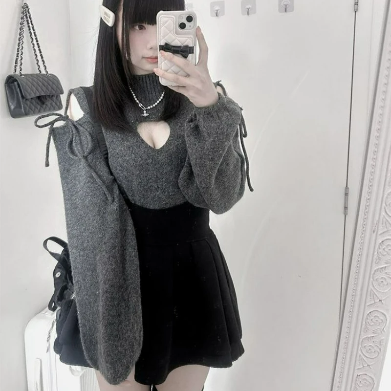 Korean Fashion Lolita Style Knitted Pullovers Women Sweet Heart Hollow Out Off-shoulder Bandage Sweaters Y2k Aesthetics Jumpers
