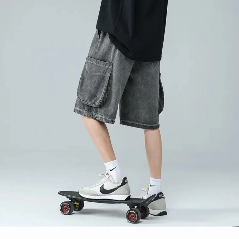 Mens Elastic Waist Ripped Distressed Big Cargo Pocket Loose Wide Leg Denim Knee Length Shorts
