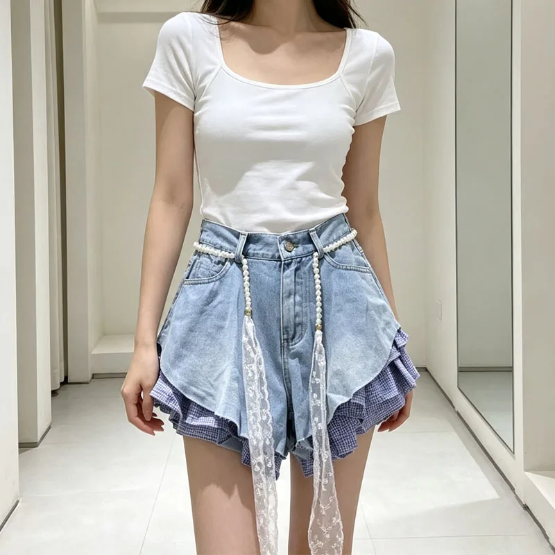 New Summer Denim Spliced Plaid Shorts Women Personality Sweet Candy Color A-Line Wide Leg Shorts with Pearls Belt Fashion Shorts