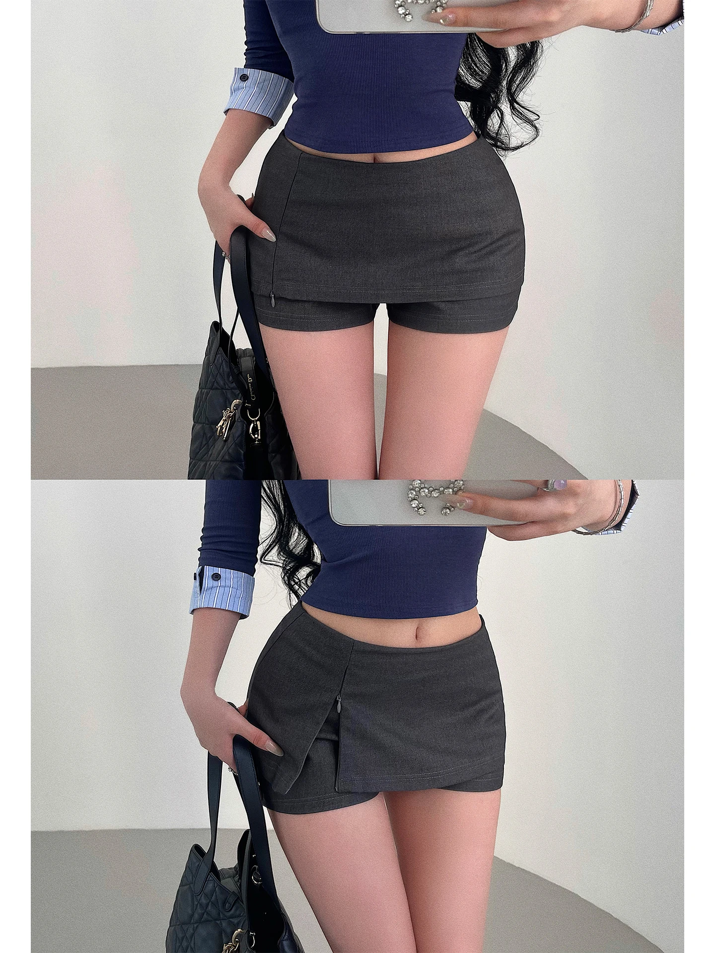 

Sexy Low Waist Zipper Slit Safety Pants Anti-Light Semi-Body Short Skirt Pants for Young Girls Day Pure Desire Fashion