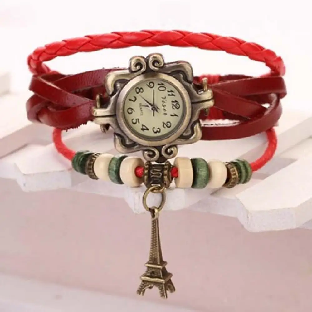 Quartz Wristwatch for Women Vintage Eiffel Tower Multilayer Braided Faux Leather Bracelet Wrist Watch