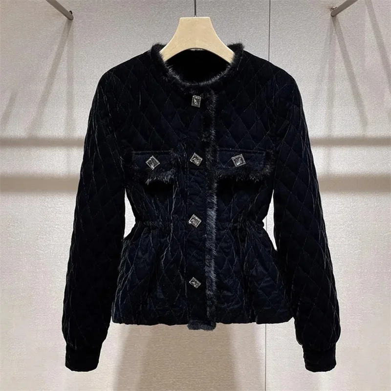 

Осенне-зимняя бархатная хлопковая куртка, новинка 2025, однобортная женская одежда с круглым воротником, черное модное женское пальто Outeawer