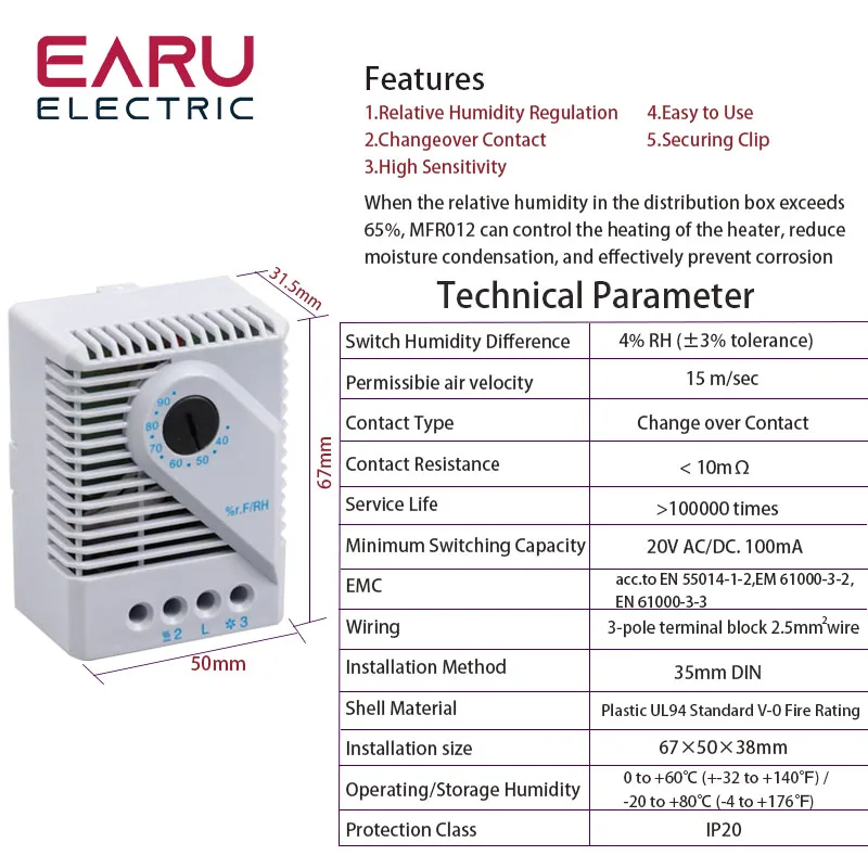 MFR012 Mechanical Humidifier Humidity Controller Hygrostat Connecting Fan Heater Cabinet  Thermostat Switch Adjustable Din Rail