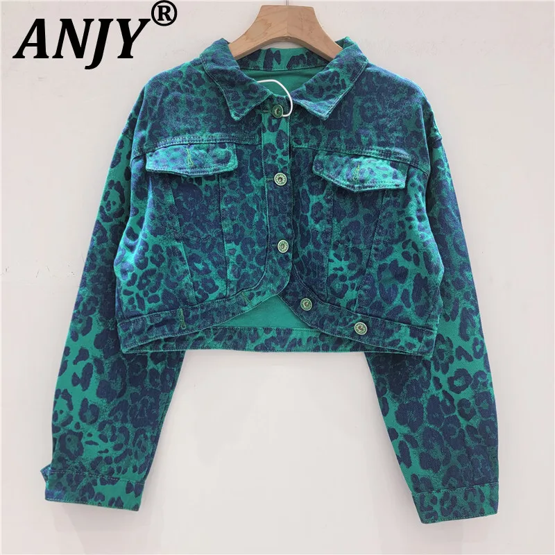

ANJY Autumn New Women American Retro Streetwear Denim Jacket Casual Y2K Leopard Printed Single Breasted Pockets Short Coat A7957