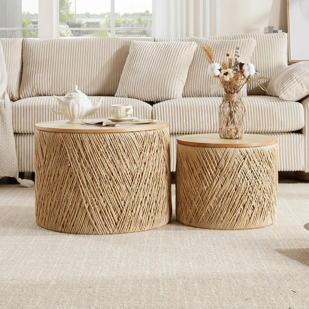 

Pair of Natural Wooden Nesting Coffee Tables, Rustic Woven Circle Side Tables for Small Spaces