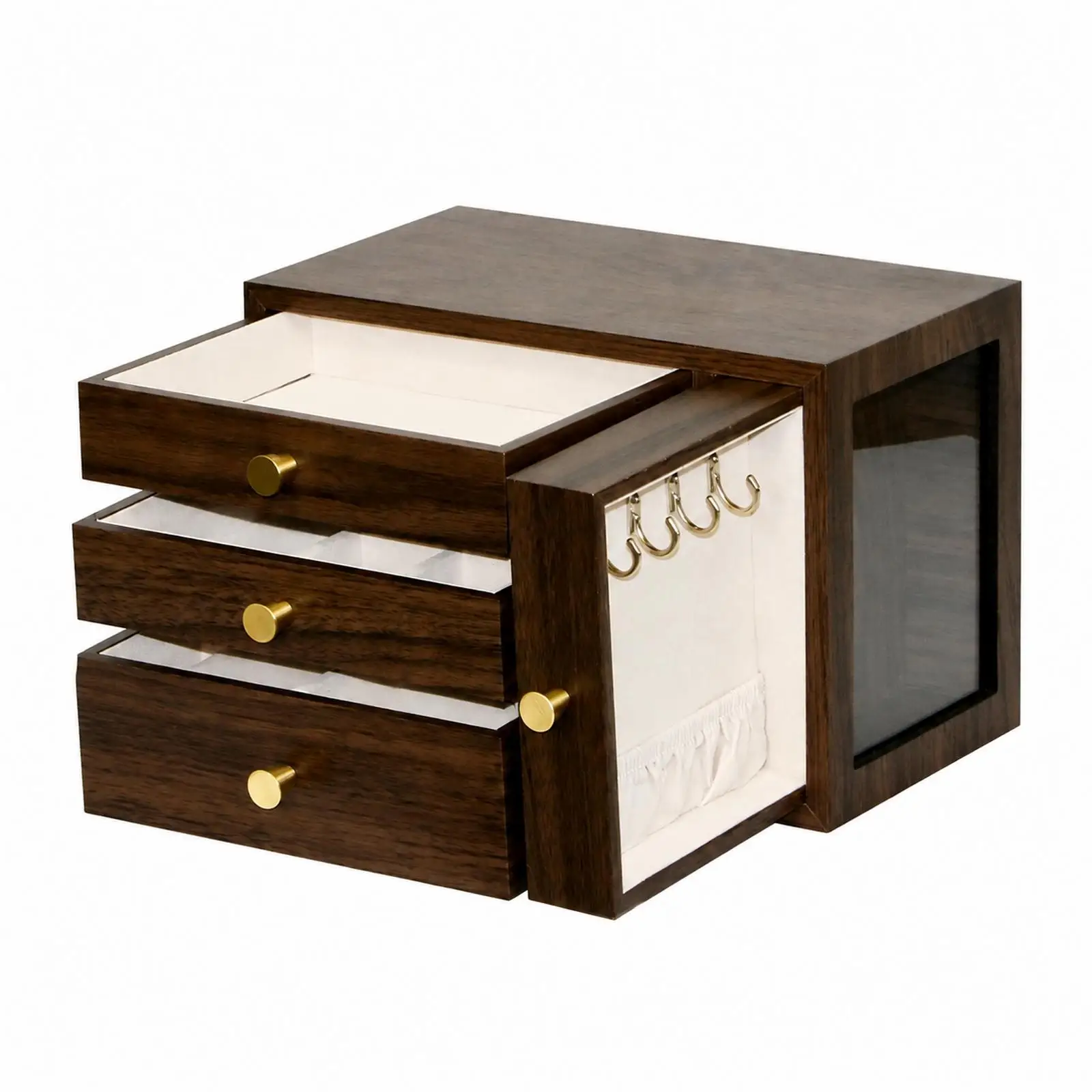 Elegant Wooden Jewelry Case with Watch Storage Drawers Necklace Hooks and Transparent Display Door Organizer
