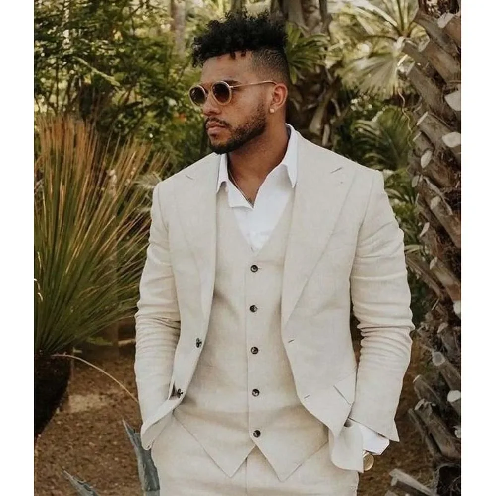 

Summer New Arrival Men Suits High Quality Linen 3 Piece Fashion Peaked Lapel Male Blazer Beige Beach Wedding Groom Casual Tuxedo