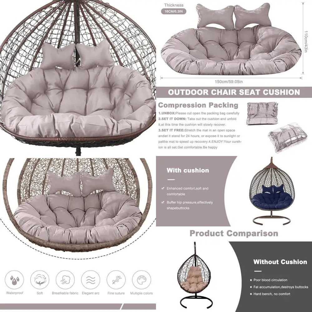 

thick 6.3" waterproof uv-resistant 2-person hanging egg chair cushion, washable hammock swing chair replacement