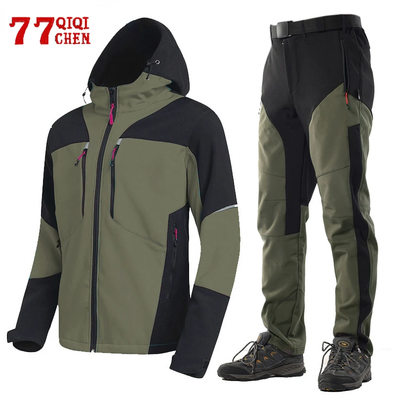 

Mens Shark Skin Soft Shell Outdoors Set Waterproof Multi Pocket Hooded Tactical Jacket Winter Warm Windbreak Pants Hiking Suit